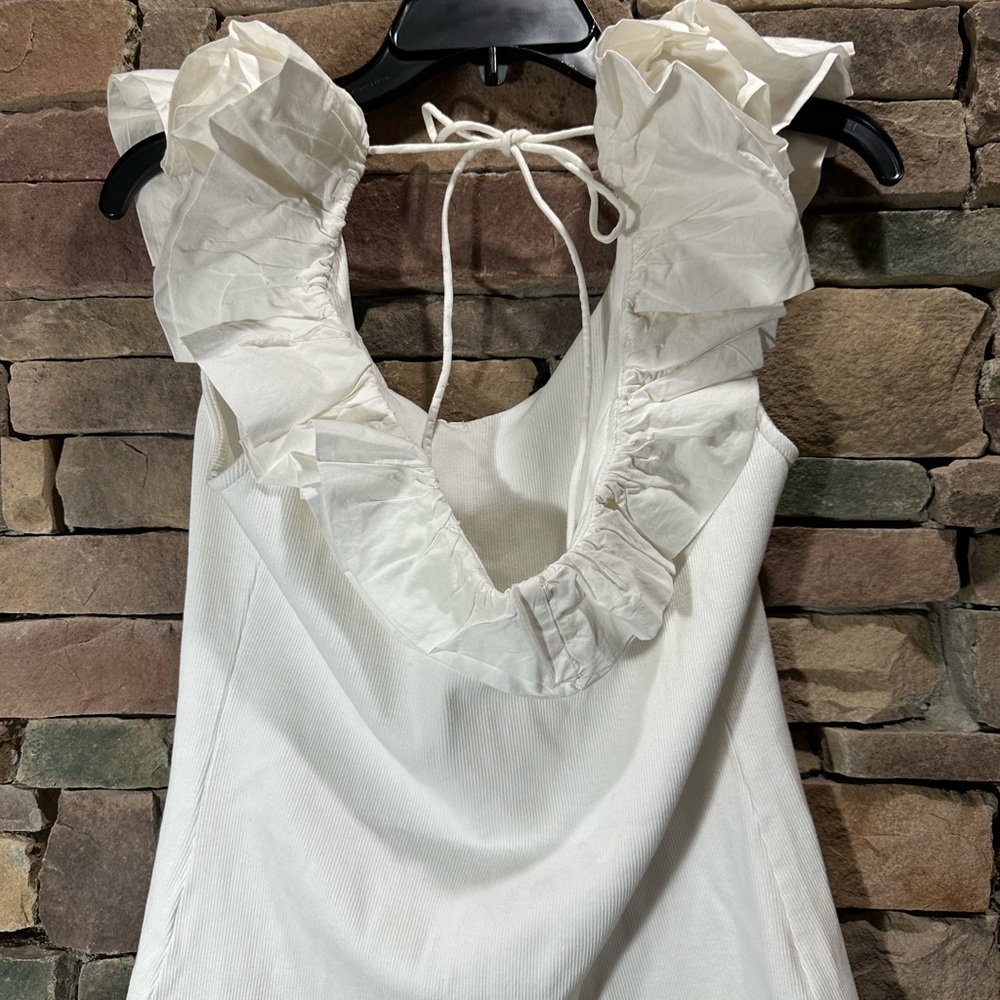 NWT Maeve By Anthropologie White Tank Ribbed Ruffle Collar Scoop Neck Sz… - Picture 8 of 10